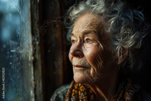 An old woman with gray hair is standing by a window and looking outside photo