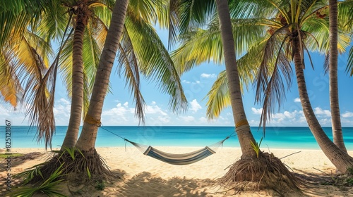 A tropical beach lined with palm trees  the foreground showing a hammock tied between two palms  overlooking a peaceful blue ocean.