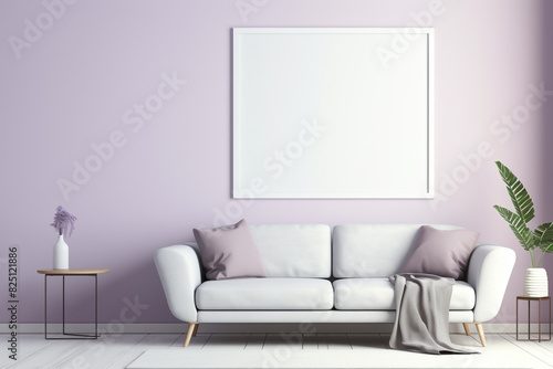 A sleek living room in shades of pastel purple  featuring minimalist furniture and an empty white frame mockup on the wall.