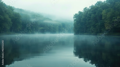 A misty lake in the morning. The water is calm and still, and the trees are reflected in the water.  photo