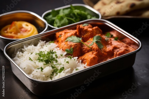 Delicious chicken tikka masala in a bento box against a polished metal background