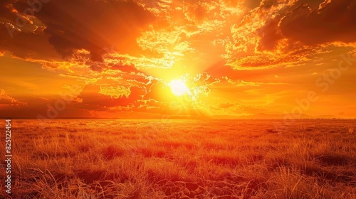 The setting sun casts a fiery glow over the grassy field  creating a stunning scene. 