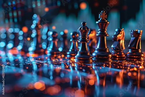 Various chess pieces arranged on a table, showcasing a strategic game in progress