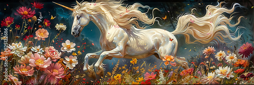 whimsical mural of a mystical unicorn prancing through a field of wildflowers spreading joy and enchantment photo