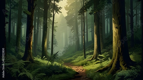 A lovely vintage-style illustration of a verdant forest scene enhanced with a faint grainy texture #825122830