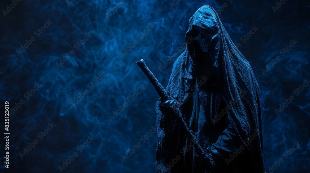 Grim Reaper Costume for Halloween on a Dark Blue Background Grim Reaper Costume for Halloween on a Dark Blue Background