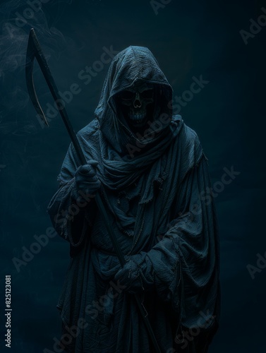 Grim Reaper Costume for Halloween on a Dark Blue Background