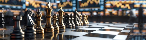 The chess board is set on the stock trading floor, with black and gold chess pieces arranged in rows. The background features digital display screens displaying realtime financial data such as numbers