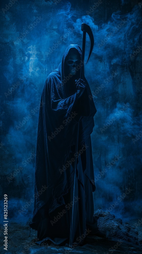 Grim Reaper Costume for Halloween on a Dark Blue Background Grim Reaper Costume for Halloween on a Dark Blue Background