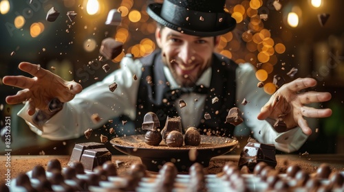 A chocolatier in a top hat and bow tie is making chocolate pieces fly with his hands.