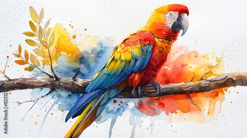 Watercolor illustration clipart of a colorful parrot perched on a branch, isolate on white background photo