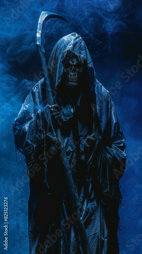 Grim Reaper Costume for Halloween on a Dark Blue Background