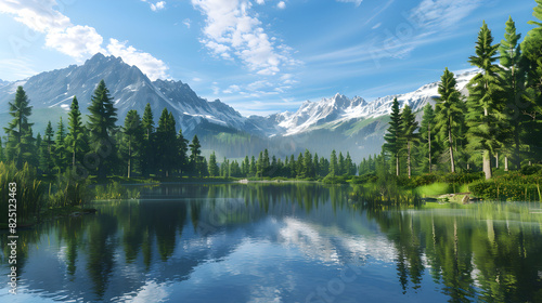 Serenity in Nature: Pristine Mountain Lake with Reflective Waters Surrounded by Lush Pine Trees and Snow-Capped Peaks