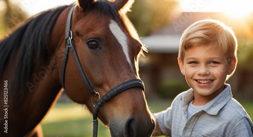 Portrait of happy  little boy with a horse on a nice summer day. Interacting with horses encourages emotional bonding and can help children develop trust, empathy, confidence and help reduce anxiety © triocean