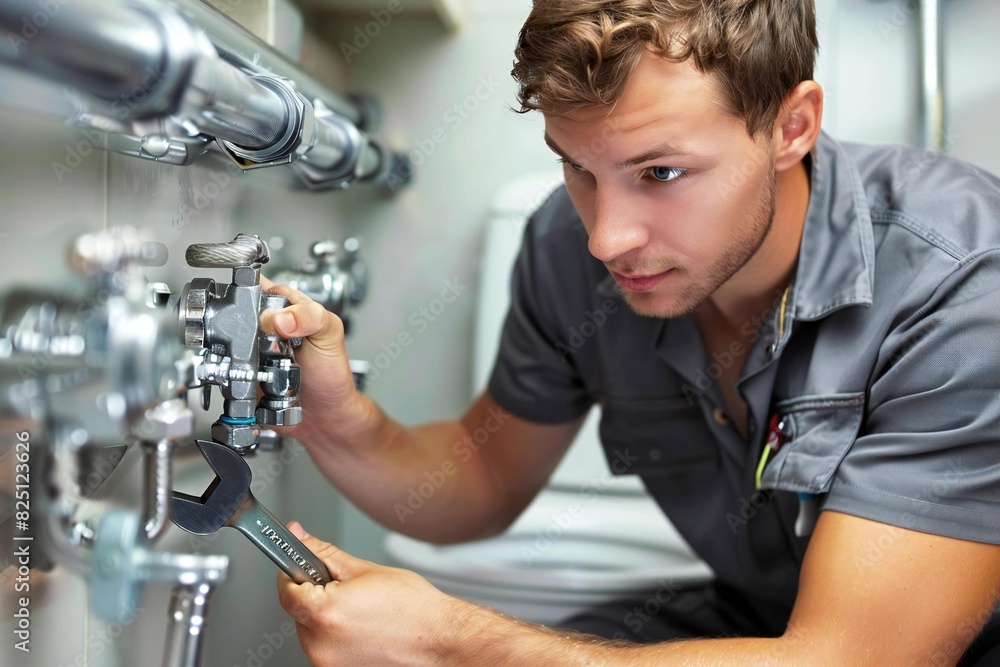 Full body photo of a mature male Caucasian plumber demonstrating how to properly install a new toilet using a wrench in a bathroom Full body photo of a mature male Caucasian plumber demonstrating how to properly install a new toilet using a wrench in a bathroom
