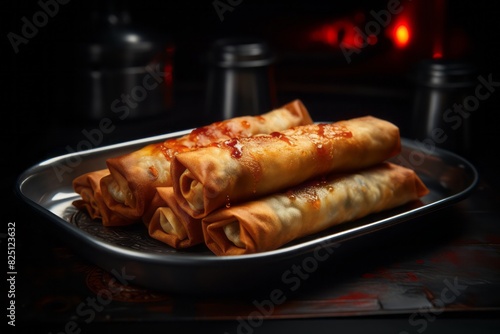 Tasty egg roll on a plastic tray against a polished metal background
