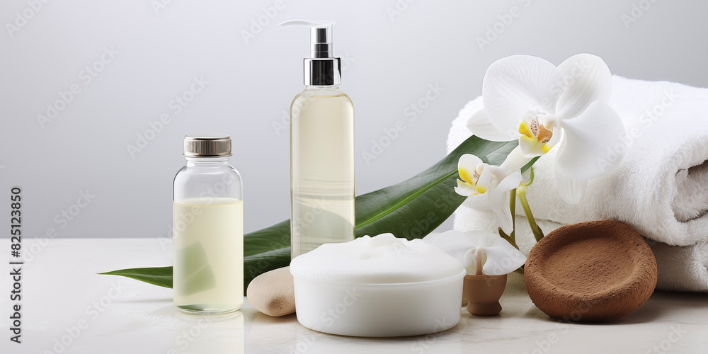 Spa salon accessories. Rest and relaxation. Skin care product package design. Bathroom with candles, towels, spa products. Spa salon accessories. Rest and relaxation. Skin care product package design. Bathroom with candles, towels, spa products.