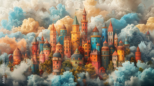 whimsical printable mural of a fantastical cityscape in the clouds ideal for transforming the walls of a children's hospital offering young patients a magical escape from reality photo