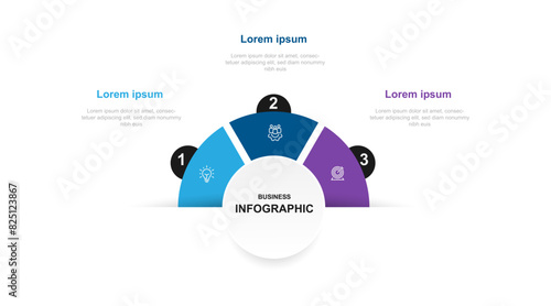Modern design template infographic vector element with 3 step circle concept suitable for workflow, business information, presentation, data visualization, and web graphic design 