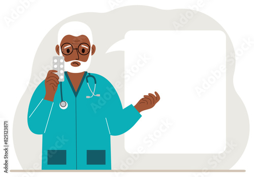 A male doctor holds pills in his hand. There is space for text next to it.
