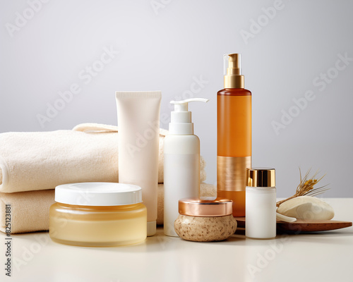 Spa salon accessories. Rest and relaxation. Skin care product package design. Bathroom with candles, towels, spa products.