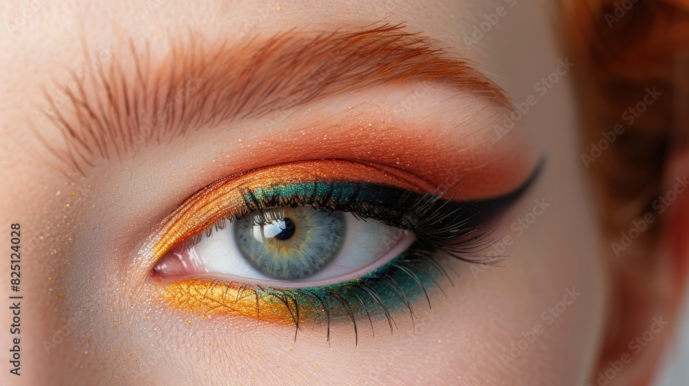 a close-up of a woman's eye with colorful eyeshadow. a close-up of a woman's eye with colorful eyeshadow.