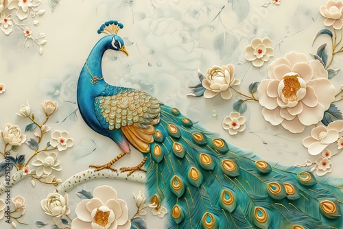 Fototapeta Naklejka Na Ścianę i Meble -  3d mural peacock illustration background with golden jewelry and flowers