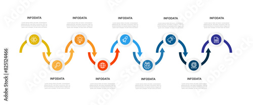 Timeline process infographic template with 9 step, option, section. 
