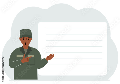 Male soldier in uniform next to a large white banner for your text.