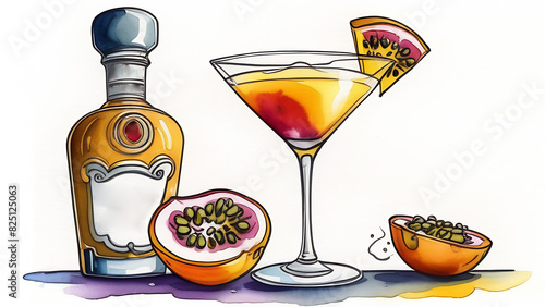 Watercolor drawing of a Porn star martini cocktail glass with passion fruit and martini