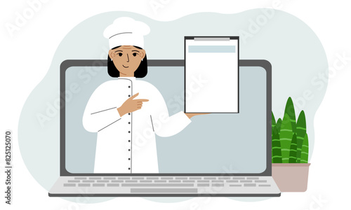 Female cook in a cap. Video, online ordering, menu.