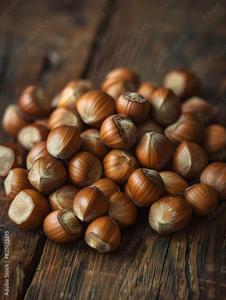 Hazelnuts on rustic wood