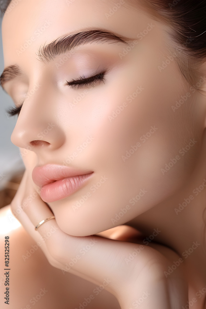 Obraz premium A close-up of a woman's face with eyes closed, highlighting her smooth skin, well-defined eyebrows, and natural beauty.