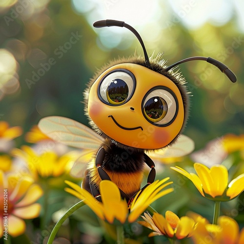cute bee with big eyes sitting on a big flower in the field. Cartoon style
