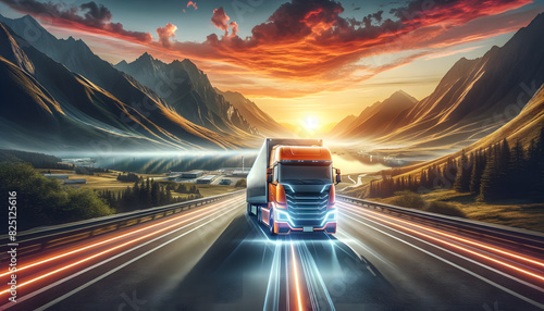 an orange truck driving on a smooth highway through a scenic mountain landscape during sunset. photo