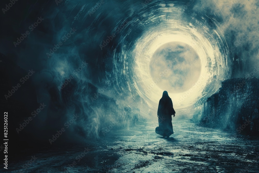 Fototapeta premium Journey Through the Afterlife: Soul's Exploration of Light and Shadow Realms.
