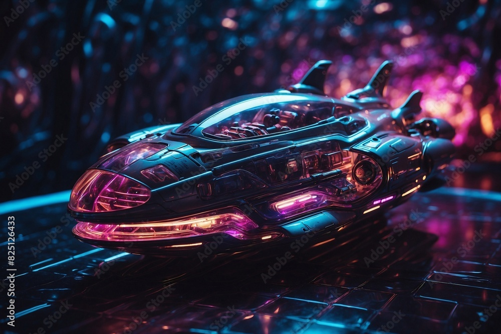 A futuristic space ship with a purple light on the front