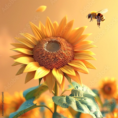 Cartoon style illustration of a sunflower with a bee flying above. yellow background