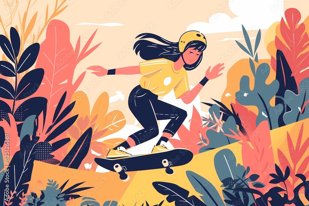 illustration of a girl skateboarding in the park with copy space