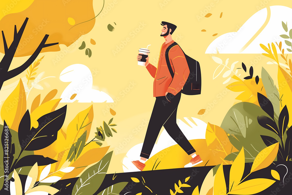 illustration of A man walking in the park holding a takeaway coffee cup in his hand with copy space illustration of A man walking in the park holding a takeaway coffee cup in his hand with copy space