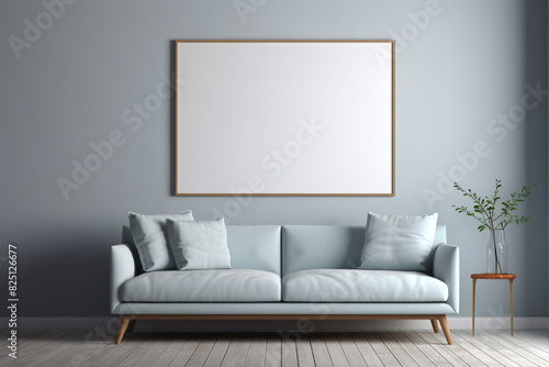 A sleek, monochromatic living room in shades of slate blue, featuring a minimalist sofa and an empty white frame mockup on the wall.