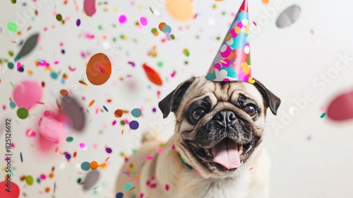 Cute pug wearing a party hat and surrounded by colorful confetti on a white background