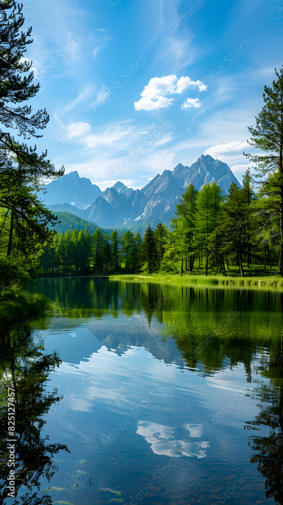 Serenity in Nature: Pristine Mountain Lake with Reflective Waters Surrounded by Lush Pine Trees and Snow-Capped Peaks