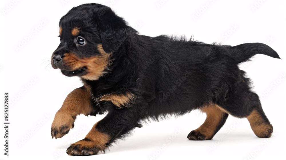 Playful rottweiler puppy chasing its tail on a white background