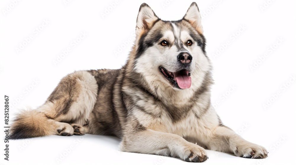 Happy Alaskan malamute with a wagging tail on a white background