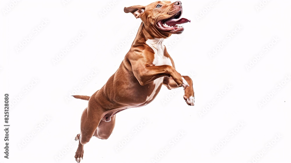 Fototapeta premium Energetic pit bull terrier jumping up high on a white background