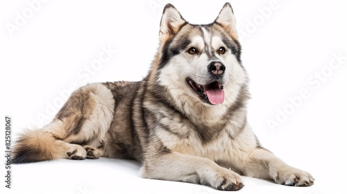 Happy Alaskan malamute with a wagging tail on a white background