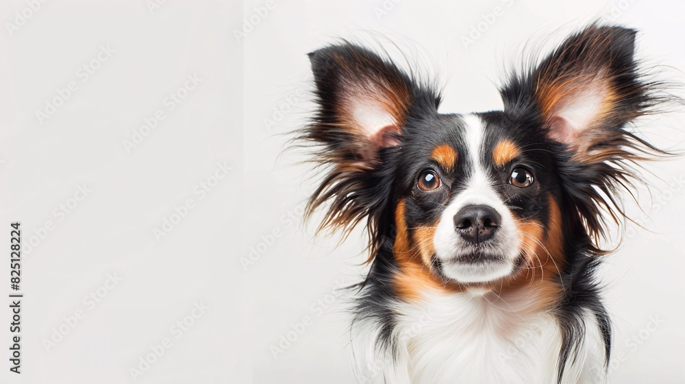 Cute papillon dog with its ears perked up on a white background