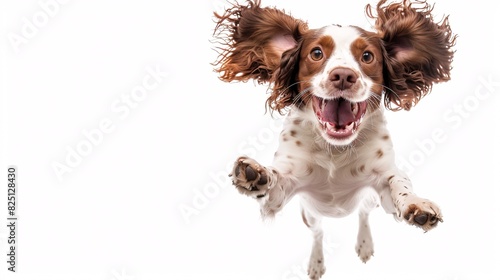 Cheerful springer spaniel jumping for joy on a white background photo