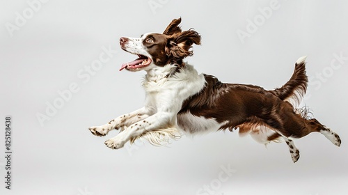 Obraz na płótnie Cheerful springer spaniel jumping for joy on a white background